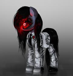 Size: 1002x1041 | Tagged: safe, artist:menalia, derpibooru import, oc, oc only, oc:vision backup, cyborg, earth pony, pony, badge, belt, clothes, cyberpunk, cyborg pony, gloves, gray background, long mane, male, necktie, pants, reflection, shoes, simple background, stallion, suit