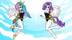 Size: 1280x720 | Tagged: safe, artist:joltedosh, derpibooru import, princess celestia, rarity, alicorn, anthro, unguligrade anthro, alicornified, clothes, female, flying, jetpack, leotard, race swap, raricorn, sky, sky background