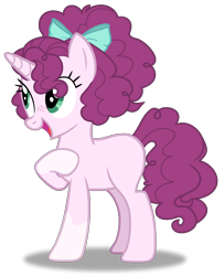 Size: 1444x1774 | Tagged: safe, artist:spectrumnightyt, derpibooru import, oc, oc only, oc:charlotte aux fraises, pony, unicorn, base used, bow, coat markings, female, freckles, full body, hair bow, hooves, horn, magical lesbian spawn, mare, offspring, open mouth, open smile, parent:pinkie pie, parent:sugar belle, parents:sugarpie, shadow, show accurate, simple background, smiling, socks (coat marking), solo, standing, transparent background, unicorn oc