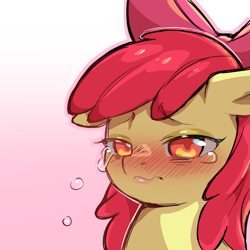 Size: 1159x1159 | Tagged: safe, artist:cold-blooded-twilight, derpibooru import, apple bloom, earth pony, pony, blushing, crying, female, filly, foal, gradient background, simple background, solo, transparent background