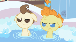 Size: 1280x720 | Tagged: safe, derpibooru import, screencap, pound cake, pumpkin cake, pegasus, pony, unicorn, baby cakes, season 2, angry, bathtub, cute, duo, foal, frown, madorable, pound cake is not amused, pumpkin cake is not amused, unamused