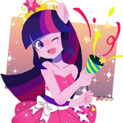 Size: 766x766 | Tagged: safe, artist:efuji_d, derpibooru import, twilight sparkle, equestria girls, bare shoulders, big crown thingy, clothes, confetti, element of magic, fall formal outfits, female, jewelry, one eye closed, open mouth, open smile, regalia, simple background, sleeveless, smiling, solo, stars, strapless, white background