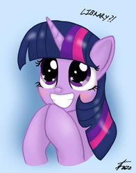 Size: 1280x1630 | Tagged: safe, artist:lennondash, derpibooru import, twilight sparkle, pony, blushing, book, bust, cute, excited, exclamation point, female, grin, hooves together, looking up, mare, question mark, simple background, smiling, solo, text, that pony sure does love books, twiabetes, wingding eyes