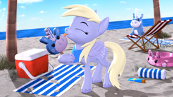 Size: 3840x2160 | Tagged: safe, artist:owlpirate, derpibooru import, derpy hooves, pegasus, pony, 3d, 4k, balloonicorn, beach, beach chair, beach towel, chair, cooler, cute, derpabetes, female, food, high res, hoof hold, ice cream, licking, mare, neckerchief, solo, source filmmaker, tongue, tongue out