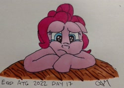 Size: 3245x2320 | Tagged: safe, artist:rapidsnap, derpibooru import, pinkie pie, earth pony, pony, a trivial pursuit, crying, newbie artist training grounds, photo, sad, simple background, solo, table, traditional art, white background