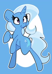 Size: 2894x4096 | Tagged: safe, artist:kindakismet, derpibooru import, trixie, pony, unicorn, bipedal, blue background, circle background, cute, diatrixes, female, horn, mare, raised hoof, raised leg, simple background, smiling, solo