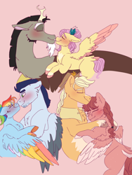 Size: 2250x3000 | Tagged: safe, artist:cocobean2176, derpibooru import, applejack, discord, fluttershy, rainbow dash, soarin', oc, draconequus, earth pony, pegasus, pony, blushing, discoshy, female, hug, kissing, male, mare, parents:canon x oc, pink background, shipping, simple background, soarindash, story included, straight