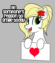 Size: 1770x2001 | Tagged: safe, artist:trash anon, oc, oc only, oc:epithumia, earth pony, pony, blonde, blonde mane, caption, earth pony oc, english, flower, flower in hair, gray background, green eyes, heart, inspirational, looking at you, open mouth, open smile, simple background, smiling, smiling at you, text
