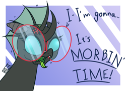 Size: 5500x4000 | Tagged: safe, artist:evan555alpha, oc, oc only, oc:yvette (evan555alpha), changeling, ladybug, evan's daily buggo, bugs doing bug things, changeling oc, colored sketch, derp, dialogue, dorsal fin, ear clip, fangs, female, forked tongue, gasp, glasses, gradient background, it's morbin time, morbius, motion lines, open mouth, pinpoint eyes, round glasses, screaming, signature, simple background, solo, stare, technicolor tongue, text, tongue, tongue out, wall-eyed, wide eyes