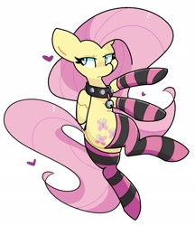 Size: 2156x2498 | Tagged: safe, artist:kindakismet, derpibooru import, fluttershy, pegasus, pony, bell, bell collar, cat bell, clothes, collar, dock, female, folded wings, heart, mare, simple background, socks, solo, striped socks, tail, white background, wings