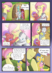 Size: 2591x3624 | Tagged: safe, alternate version, artist:mustachedbain, derpibooru import, fluttershy, zephyr breeze, oc, oc:august, oc:izen, oc:rexion, dragon, pegasus, pony, comic:my dragon children, adopted offspring, baby, baby dragon, blushing, comic, crying, dialogue, dragon oc, ears, female, floppy ears, fluttermom, group hug, hug, male, mare, mother and child, mother and son, non-pony oc, parent and child, parent:fluttershy, plushie, speech bubble, stallion, swaddled baby, tears of joy