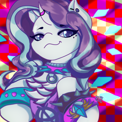 Size: 3000x3000 | Tagged: safe, artist:umbrapone, derpibooru import, rarity, pony, unicorn, abstract background, blue eyes, chest fluff, collar, ear piercing, emo, gem, glowing gems, horn, horn ring, needs more saturation, nightmare rarity mane, piercing, rawrified, ring, small horn, smug, smugity, spiked collar, spiked wristband, symbol, this will end in fashion, wristband