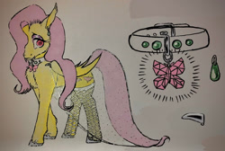 Size: 1280x862 | Tagged: safe, artist:midnightmoon1986, derpibooru import, fluttershy, bat pony, pony, bat ponified, clothes, collar, female, flutterbat, hair over one eye, mare, race swap, solo, species swap, stockings, thigh highs, traditional art