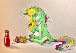 Size: 1280x905 | Tagged: safe, artist:midnightmoon1986, derpibooru import, mimic (g1), classical unicorn, pony, twinkle eyed pony, unicorn, g1, cloven hooves, cute, eating, female, food, french fries, ketchup, leonine tail, levitation, magic, mare, mimicbetes, sauce, sitting, solo, telekinesis, traditional art, unshorn fetlocks