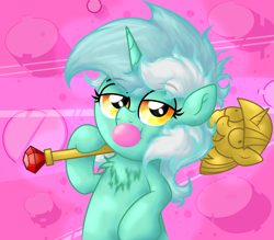 Size: 2299x2013 | Tagged: safe, artist:background basset, derpibooru import, lyra heartstrings, pony, unicorn, abstract background, bubblegum, bust, chest fluff, female, food, gum, looking at you, mare, scepter, smug, solo, twilight scepter