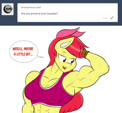 Size: 1280x1185 | Tagged: safe, artist:matchstickman, derpibooru import, apple bloom, anthro, earth pony, abs, apple bloom's bow, apple bloomed, apple brawn, armpits, biceps, bow, breasts, clothes, comic, deltoids, dialogue, female, fingerless gloves, gloves, hair bow, looking sideways, mare, matchstickman's apple brawn series, muscles, muscular female, older, older apple bloom, simple background, solo, speech bubble, talking to viewer, triceps, tumblr comic, tumblr:where the apple blossoms, white background