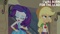 Size: 1280x720 | Tagged: safe, derpibooru import, edit, edited screencap, editor:quoterific, screencap, applejack, rarity, better together, equestria girls, fluttershy's butterflies, applejack's hat, belt, bracelet, canterlot high, clothes, cowboy hat, cutie mark on clothes, denim, denim skirt, duo, duo female, eyes closed, female, geode of shielding, geode of super strength, hairpin, hat, jewelry, magical geodes, necklace, open mouth, open smile, rarity peplum dress, skirt, smiling, text