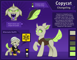Size: 2148x1672 | Tagged: safe, artist:confetticakez, derpibooru import, oc, oc only, oc:copycat, changedling, changeling, changedling oc, changeling oc, clothes, cosplay, costume, fangs, one piece, reference sheet, shirt, solo, tongue, tongue out, trafalgar d. water law
