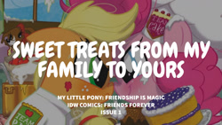 Size: 1280x720 | Tagged: safe, derpibooru import, edit, editor:quoterific, idw, applejack, pinkie pie, earth pony, pony, friends forever, spoiler:comic, boop, chef's hat, duo, female, food, hat, mare, nose to nose, noseboop, pie, smiling, text