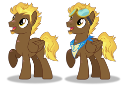 Size: 2760x1892 | Tagged: safe, artist:spectrumnightyt, derpibooru import, oc, oc only, oc:sunbursn dust, pegasus, pony, base, folded wings, goggles, high res, magical lesbian spawn, male, offspring, open mouth, open smile, parent:derpy hooves, parent:spitfire, parents:derpfire, pegasus oc, raised hoof, raised leg, shadow, simple background, smiling, solo, stallion, transparent background, wings