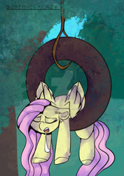 Size: 1280x1803 | Tagged: safe, artist:cozmicgalazy, derpibooru import, fluttershy, pegasus, pony, cute, deviantart watermark, drool, drool on face, drool string, obtrusive watermark, sleeping, snoring, swing, tire, tire swing, watermark