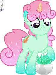 Size: 4000x5387 | Tagged: safe, artist:melisareb, derpibooru import, part of a set, pony, unicorn, .svg available, absurd resolution, crossover, female, gradient hooves, gradient mane, gradient tail, kleptocorns, looking down, mare, plant, pots (kleptocorns), potted plant, raised hoof, raised leg, simple background, solo, tail, transparent background, vector