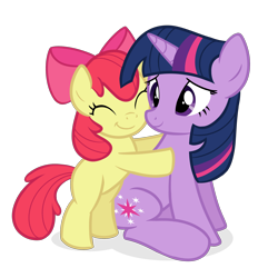 Size: 2000x2000 | Tagged: safe, artist:candymeow333, derpibooru import, apple bloom, twilight sparkle, earth pony, pony, unicorn, eyes closed, female, filly, foal, hug, mare, simple background, smiling, transparent background, vector