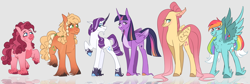 Size: 1280x428 | Tagged: safe, artist:primrosepaper, derpibooru import, applejack, fluttershy, pinkie pie, rainbow dash, rarity, twilight sparkle, twilight sparkle (alicorn), alicorn, earth pony, pegasus, unicorn, alternate design, alternative cutie mark placement, chest fluff, chin fluff, coat markings, ear fluff, ears, eyeshadow, horn, long horn, makeup, mane six, tall, unshorn fetlocks