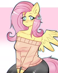 Size: 1500x1888 | Tagged: safe, artist:puffyrin, derpibooru import, fluttershy, anthro, pegasus, adorasexy, bare shoulders, blushing, breasts, clothes, cute, ear fluff, ears, female, hairclip, hootershy, looking at you, sexy, shyabetes, sitting, spread wings, sweater, sweatershy, wings