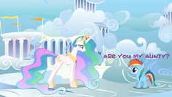 Size: 5760x3240 | Tagged: safe, artist:wissle, artist:zvn, derpibooru import, princess celestia, rainbow dash, alicorn, pegasus, pony, absurd resolution, atg 2022, caption, cloud, cloudiseum, cloudsdale, crown, cute, duo, duo female, female, filly, filly rainbow dash, foal, jewelry, lidded eyes, looking at each other, looking at someone, mare, meeting, newbie artist training grounds, regalia, show accurate, smiling, smirk, text, vector, younger