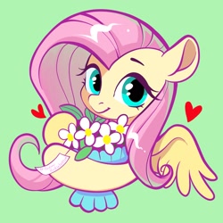 Size: 2048x2048 | Tagged: safe, artist:paipaishuaige, derpibooru import, fluttershy, pegasus, pony, bust, cute, daaaaaaaaaaaw, female, flower, green background, heart, looking at you, mare, shyabetes, simple background, smiling, smiling at you, solo, wings