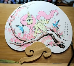 Size: 2048x1824 | Tagged: safe, artist:paipaishuaige, derpibooru import, fluttershy, bird, pegasus, pony, cherry blossoms, chinese, female, flower, flower blossom, flower in hair, looking at you, mare, profile, simple background, traditional art, tree branch, underhoof, white background, wings
