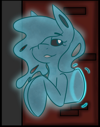 Size: 1609x2048 | Tagged: safe, artist:askhypnoswirl, derpibooru import, oc, oc only, earth pony, ghost, ghost pony, pony, undead, black sclera, brick wall, eyebrows, eyebrows visible through hair, female, floating, hair over one eye, lidded eyes, mare, smiling, smug, solo, through wall