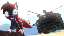 Size: 1920x1080 | Tagged: safe, artist:bwablack, derpibooru import, oc, oc:blushyblack, human, hybrid, unicorn, zony, 3d, chase, cookie, food, gmod, jeep, military, open mouth, running, running away, sand, scared, soldier, soldiers, text