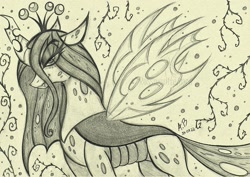 Size: 2284x1617 | Tagged: safe, artist:rossmaniteanzu, derpibooru import, queen chrysalis, changeling, monochrome, pencil drawing, solo, traditional art