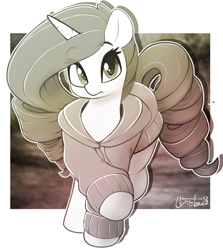 Size: 976x1094 | Tagged: safe, artist:llametsul, derpibooru import, rarity, pony, unicorn, alternate hairstyle, atg 2022, blurry background, clothes, cute, female, hoodie, looking at you, mare, monochrome, newbie artist training grounds, signature, solo