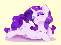 Size: 1933x1430 | Tagged: safe, artist:xbi, derpibooru import, rarity, pony, unicorn, chin up, eyes closed, female, horn, lying down, mare, prone, simple background, smiling, solo, text, yellow background