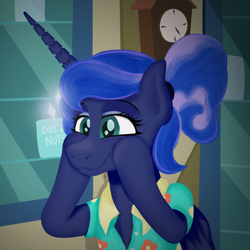 Size: 2000x2000 | Tagged: safe, artist:oldman, derpibooru import, princess luna, alicorn, pony, between dark and dawn, season 9, spoiler:s09, clothes, deez nuts, female, horn, mare, shirt, solo, stars, that pony sure does love the post office, wings