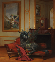 Size: 2000x2260 | Tagged: safe, alternate version, artist:bra1neater, derpibooru import, princess celestia, princess luna, queen chrysalis, changeling, changeling queen, clock, crown, fainting couch, female, fine art emulation, fireplace, high res, hoof shoes, jewelry, lying, lying down, painting, prone, regalia, room, smiling, sofa, solo