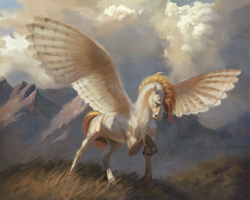 Size: 2000x1596 | Tagged: safe, alternate version, artist:bra1neater, derpibooru import, oc, oc only, oc:silent flight, hippogriff, horse, chest fluff, cloud, cloudy, fine art emulation, fluffy, grass, hoers, looking at something, male, mountain, mountain range, raised claw, raised hoof, raised leg, realistic wings, solo, spread wings, talons, wings