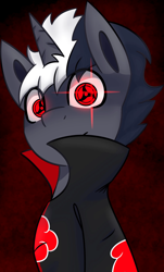 Size: 1241x2048 | Tagged: safe, artist:askhypnoswirl, derpibooru import, oc, oc only, pony, unicorn, anime, clothes, dark background, eye clipping through hair, glowing, glowing eyes, looking at you, male, mangekyo sharingan, naruto, sharingan, simple background, solo, stallion, wide eyes