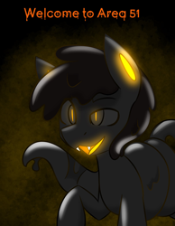 Size: 1590x2048 | Tagged: safe, artist:askhypnoswirl, derpibooru import, oc, oc only, earth pony, goo, goo pony, original species, pony, area 51, dark background, eyebrows, eyebrows visible through hair, glowing, glowing eyes, simple background, solo, tentacles, text