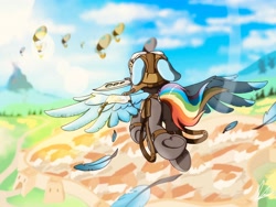 Size: 4000x3000 | Tagged: safe, artist:flaremoon, derpibooru import, rainbow dash, pegasus, pony, airship, city, clothes, ears, feather, fight, floppy ears, flying, goggles, knife, mouth hold, rear view, solo, spread wings, town, underhoof, weapon, wings, zeppelin