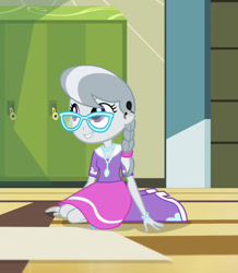 Size: 622x714 | Tagged: safe, derpibooru import, edit, edited screencap, editor:darkhooves, screencap, silver spoon, equestria girls, rainbow rocks, boots, braid, braided ponytail, clothes, cochlear implant, cropped, cute, deaf, female, glasses, jewelry, lockers, necklace, shoes, silverbetes, sitting, skirt, smiling, solo