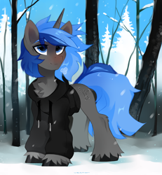 Size: 2800x3036 | Tagged: safe, artist:zlatavector, derpibooru import, oc, oc only, oc:orion, pony, unicorn, chest fluff, clothes, commission, high res, hoodie, horn, male, nature, outdoors, snow, solo, stallion, standing, unicorn oc, unshorn fetlocks, winter