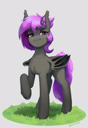 Size: 1406x2048 | Tagged: safe, artist:mrscroup, derpibooru import, oc, oc only, oc:amethyst gear, bat pony, pony, bat pony oc, fangs, female, grass, lidded eyes, mare, simple background, smiling, solo, white background