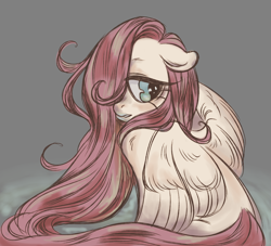 Size: 1100x1000 | Tagged: safe, artist:frowoppy, derpibooru import, fluttershy, pegasus, pony, female, hair over one eye, head turned, looking away, looking sideways, mare, open mouth, partially open wings, sitting, solo, stray strand, wings