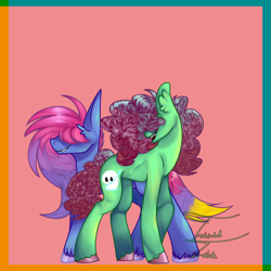 Size: 1280x1280 | Tagged: safe, artist:technicolourtorture, derpibooru import, oc, oc only, oc:phantomine, oc:ruby sweets, earth pony, pony, blue fur, blue skin, curly hair, green fur, green skin, hair covering face, multicolored hair, simple background, straight hair