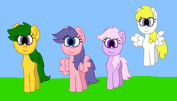 Size: 1368x777 | Tagged: safe, artist:universalponies, derpibooru import, lickety split, lickety-split, magic star, north star (g1), surprise, earth pony, pegasus, pony, g1, g4, adorablestar, adoraprise, blue eyes, cute, female, field, flying, g1 licketybetes, g1 northabetes, g1 to g4, generation leap, grass, grass field, green hair, green mane, green tail, mare, ms paint, outdoors, paint.net, pink hair, pink mane, pink tail, ponyland, purple eyes, purple hair, purple mane, purple tail, quartet, smiling, surprise can fly, tail, yellow hair, yellow mane, yellow tail