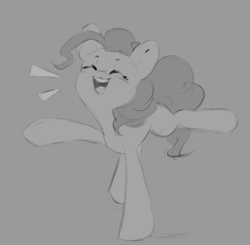 Size: 1041x1022 | Tagged: safe, artist:melodylibris, derpibooru import, pinkie pie, earth pony, pony, bipedal, cute, diapinkes, eyes closed, female, gray background, grayscale, mare, monochrome, open mouth, open smile, simple background, smiling, solo